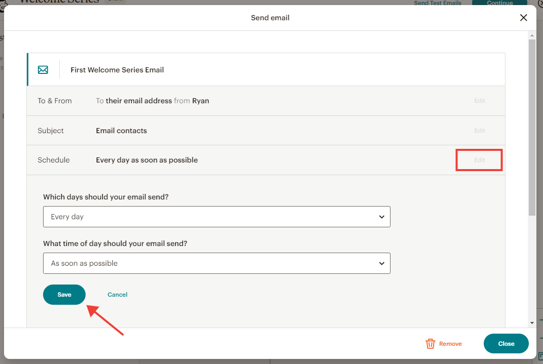 Editing the schedule of a journey point in Mailchimp
