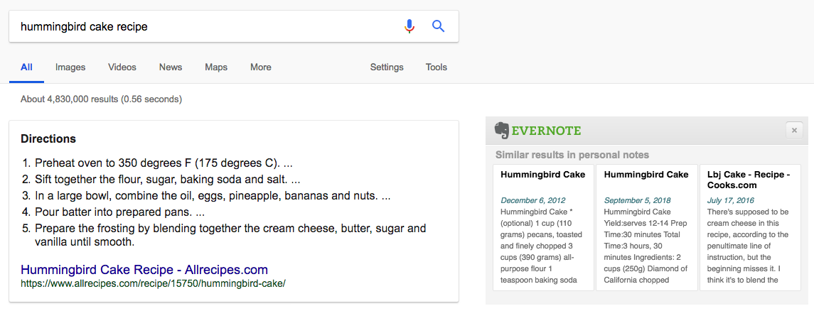 Evernote integration on web searches, 2018