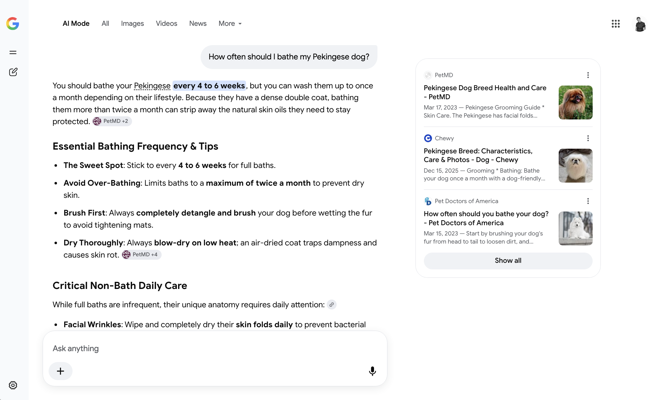 An AI Mode search on Google