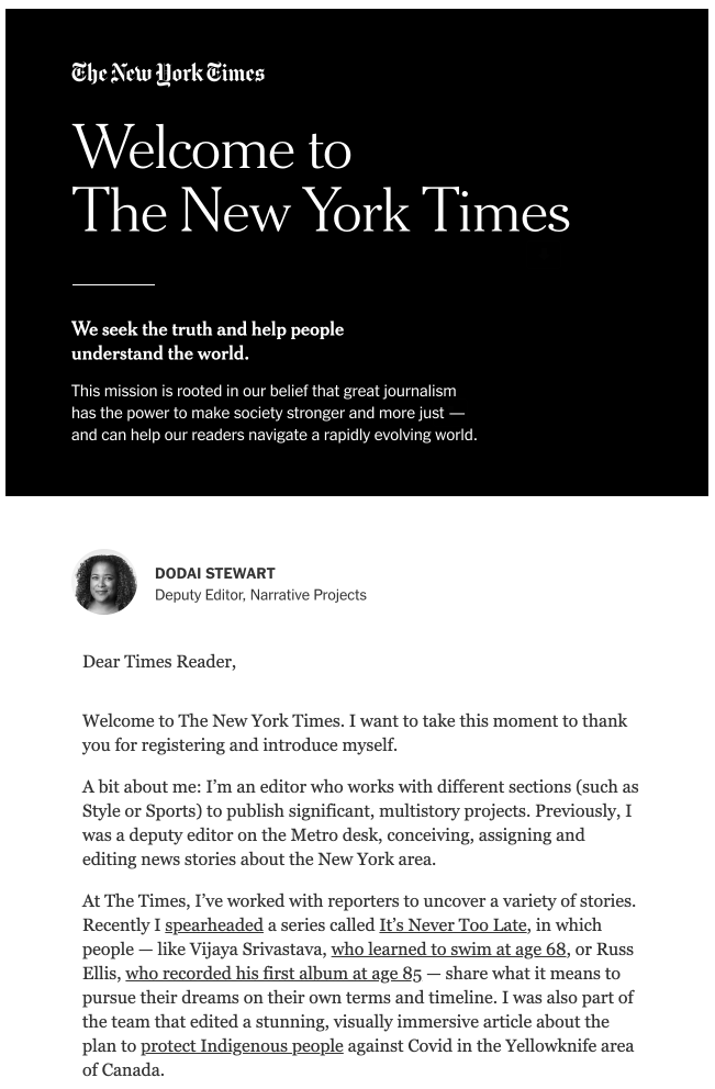 Marketing automation example: New York Times welcome email
