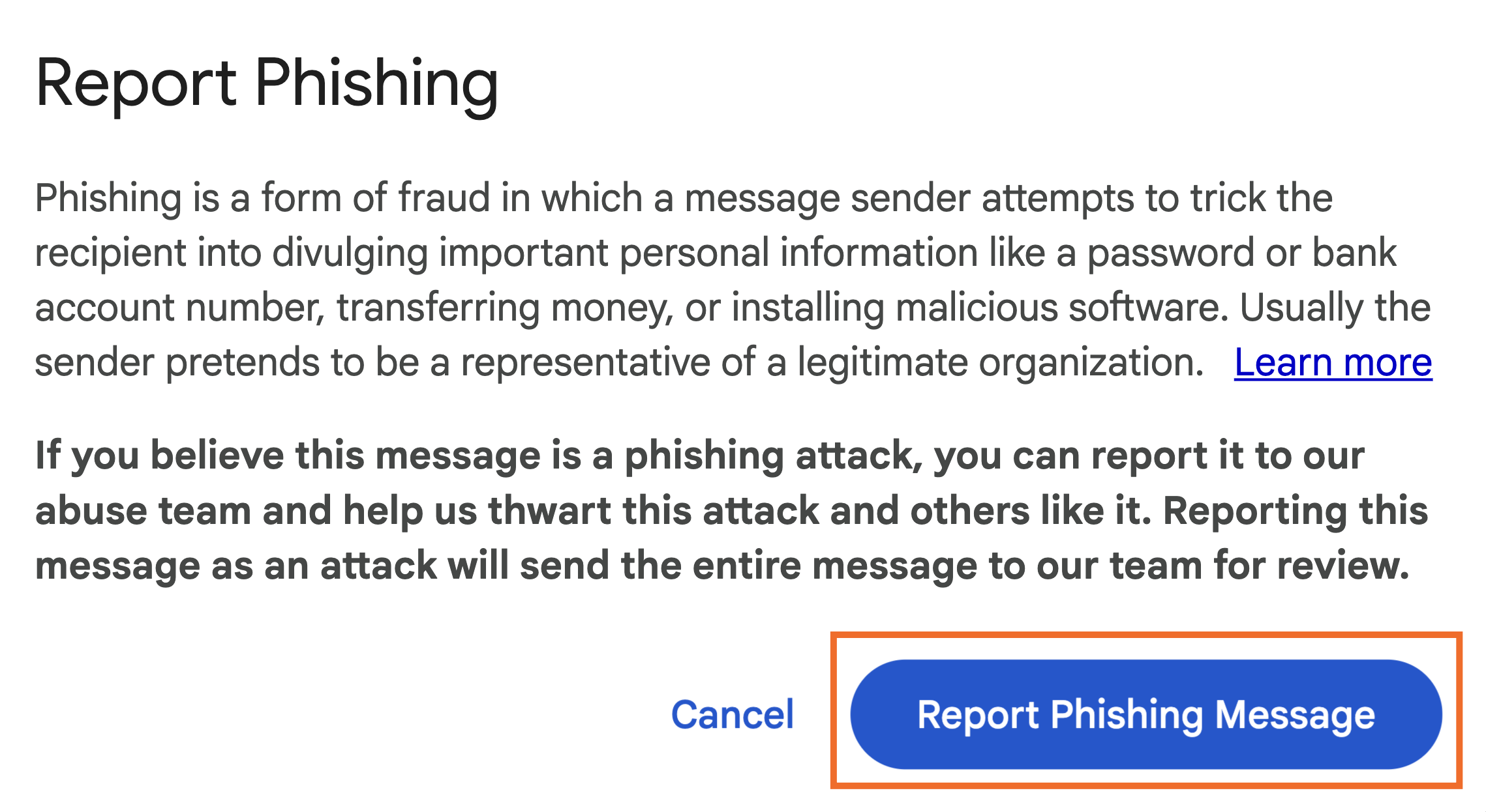 How to confirm that you want to report phishing in Gmail.