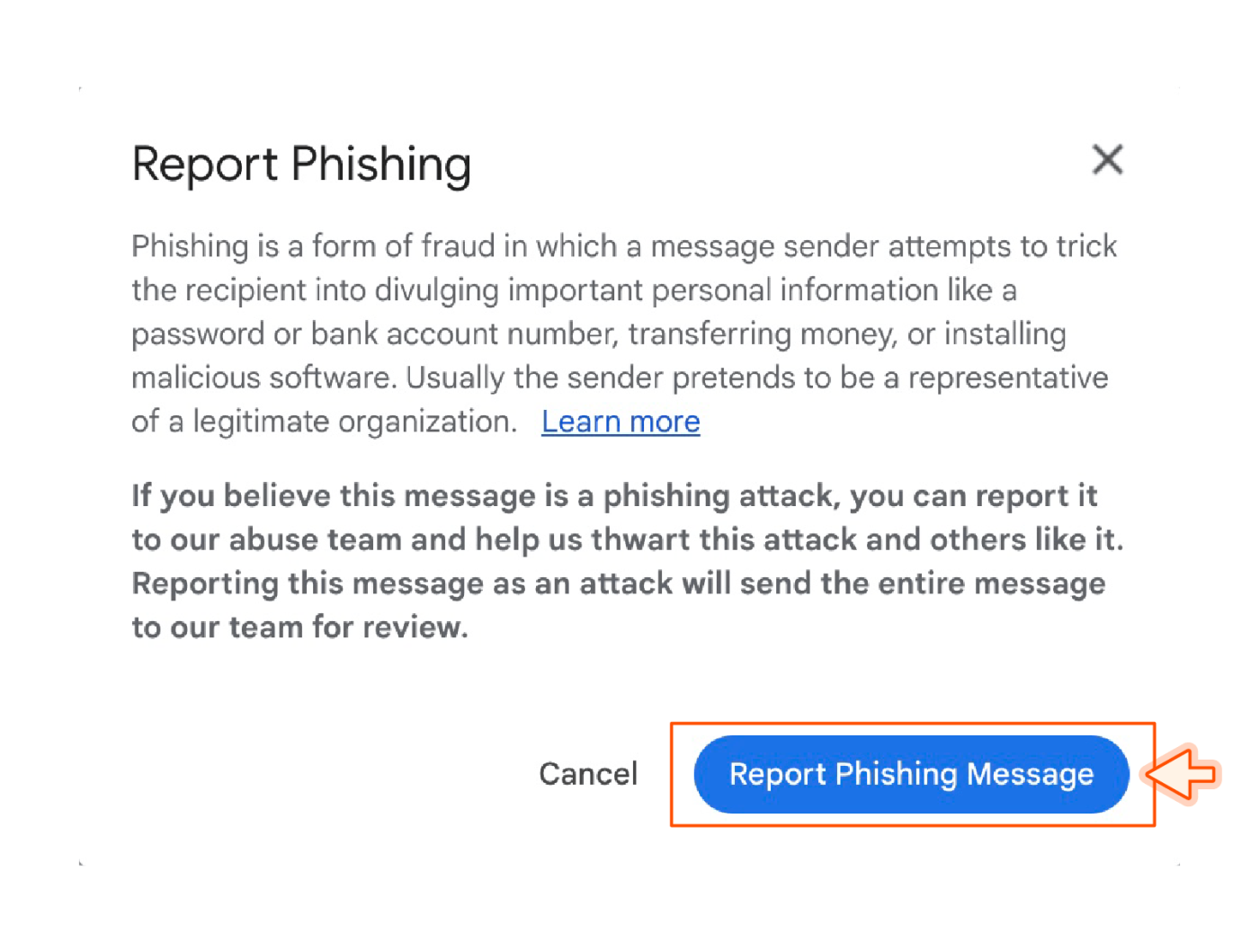 Screenshot showing "report phishing message" confirmation in Gmail.