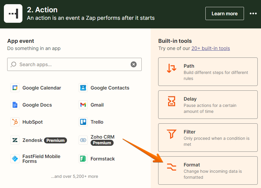 An orange arrow points to Format, an option listed under "Built-in tools".