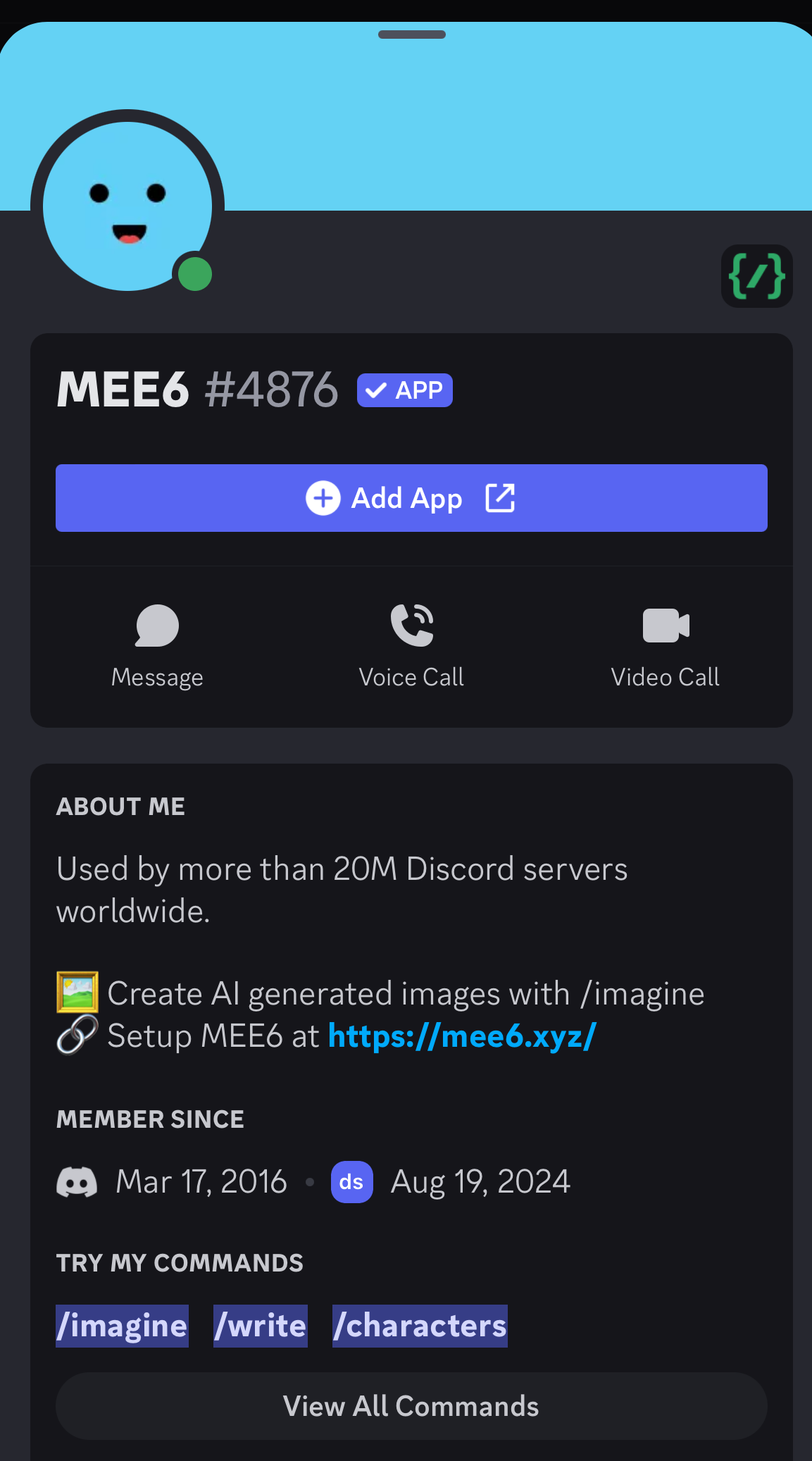 Screenshot showing a bot profile on Discord mobile