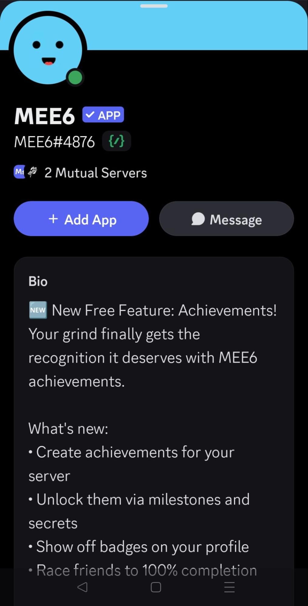 Screenshot showing a bot profile on Discord mobile