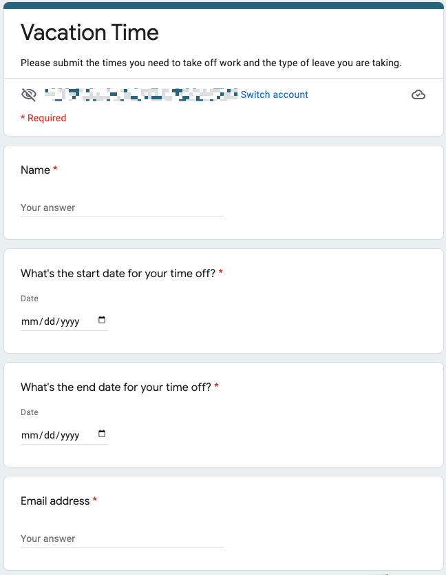 A Google Form collecting vacation requests.