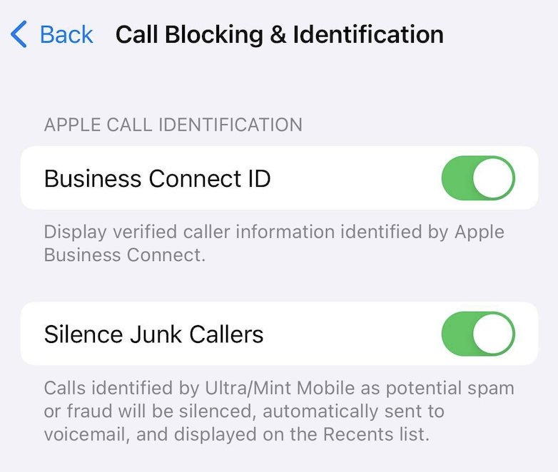 Call blocking and identification settings on an iPhone. 