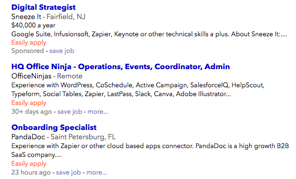 job listings requiring Zapier knowledge