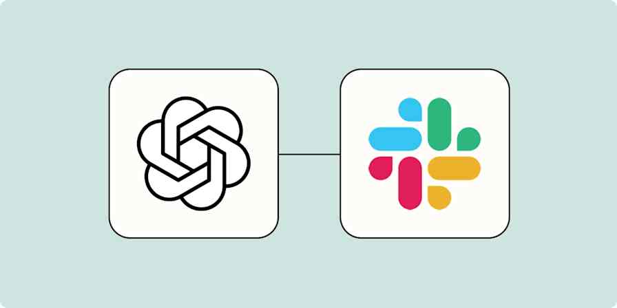 A hero image of the OpenAI app logo connected to the Slack app logo on a light blue background.