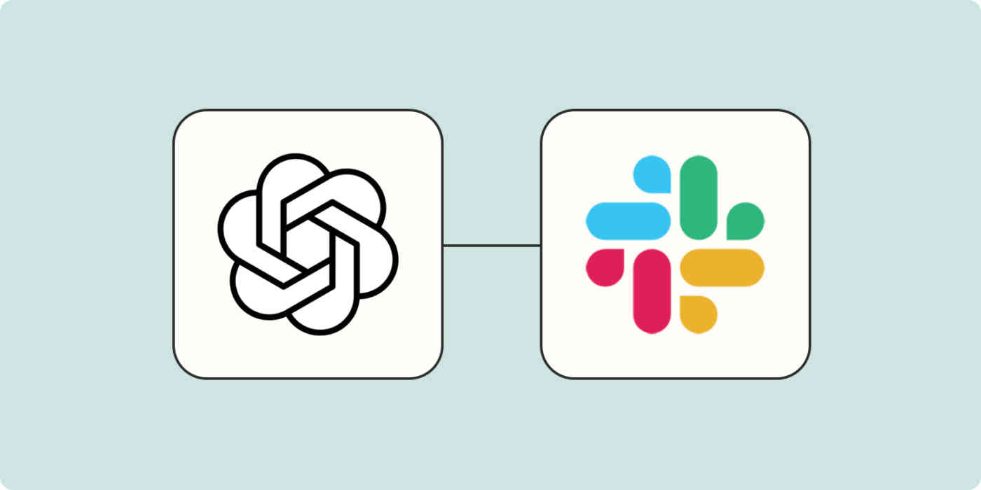 A hero image of the OpenAI app logo connected to the Slack app logo on a light blue background.