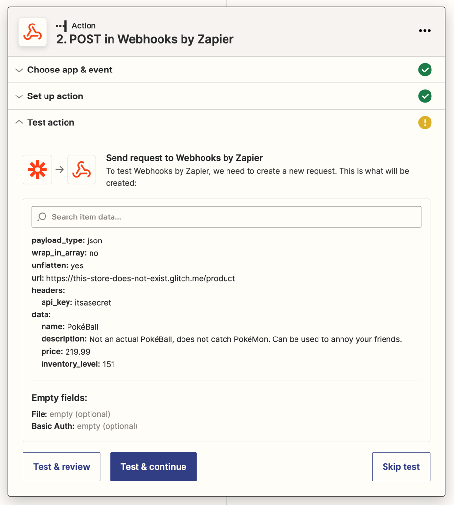 A test screen for the webhooks action step with a purple Test & Continue button.