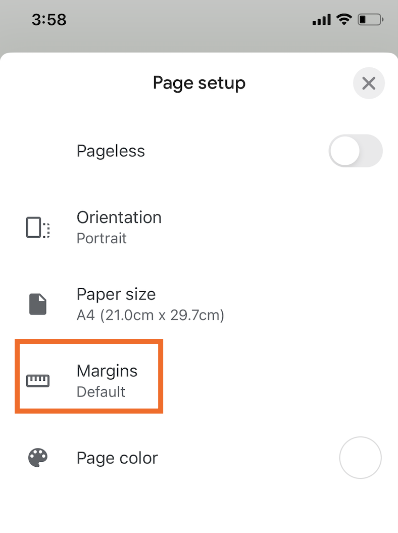 How to change margins in Google Docs in the mobile app for iPhone.