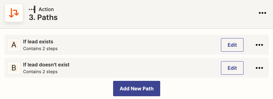 Path A is renamed "If lead exists" and Path B is renamed to "If lead doesn't exist."