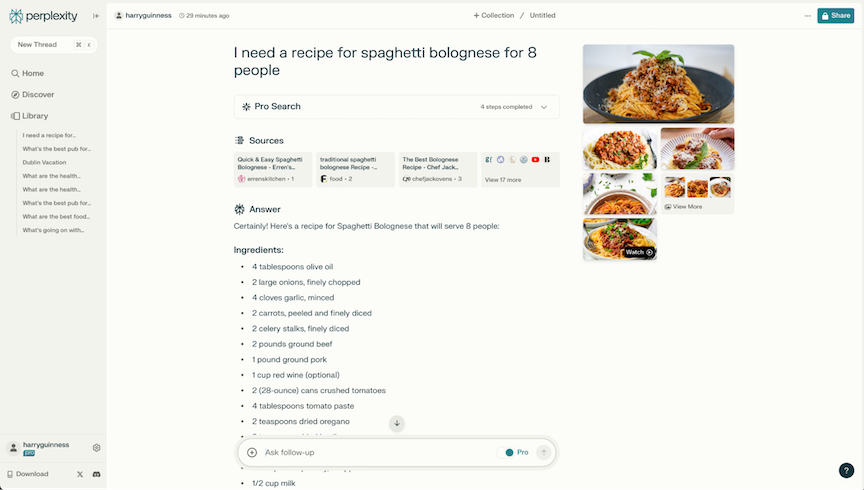Perplexity AI offering a recipe