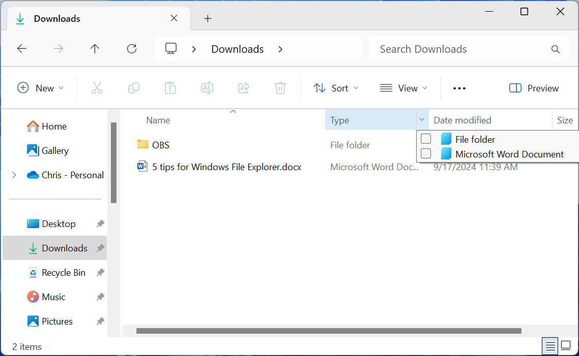 Filtering details in Windows File Explorer