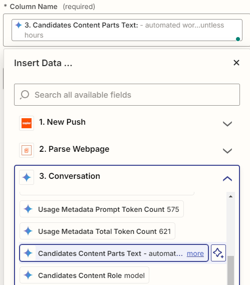 In the Zap editor, the Google Gemini response is shown selected in the Column Name data dropdown.