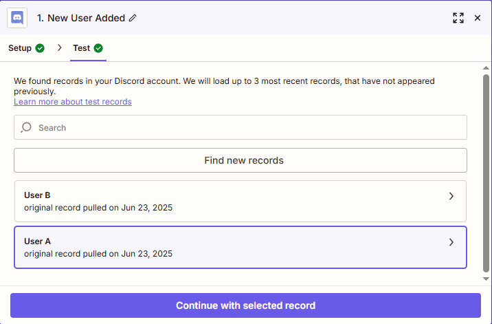 Test data for a new user being added to Discord.