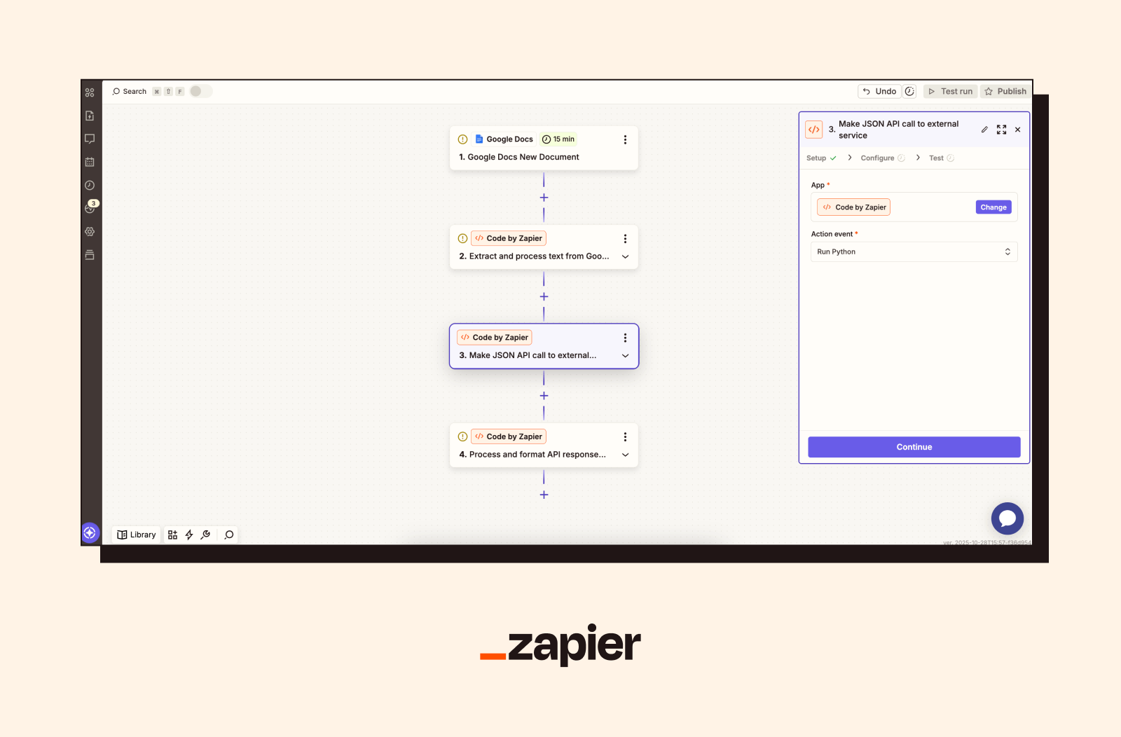 Screenshot of a Zapier software development workflow automation
