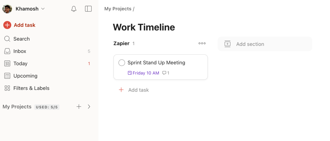 A Todoist task list with a task added by Zapier for a Microsoft Outlook calendar event.