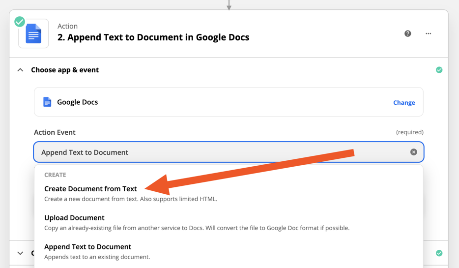 An arrow pointing to the "create document from text" action in Zapier.