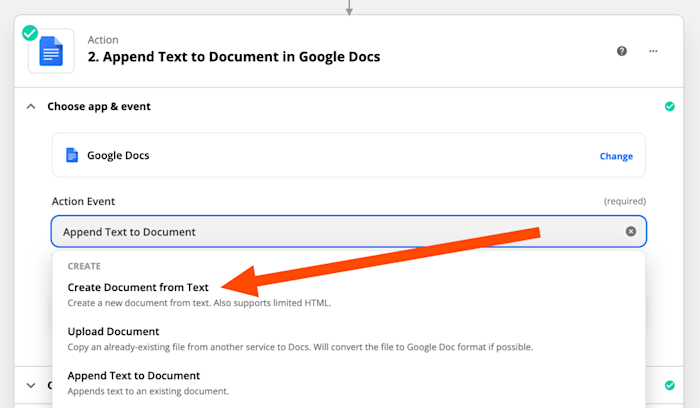 An arrow pointing to the "create document from text" action in Zapier.