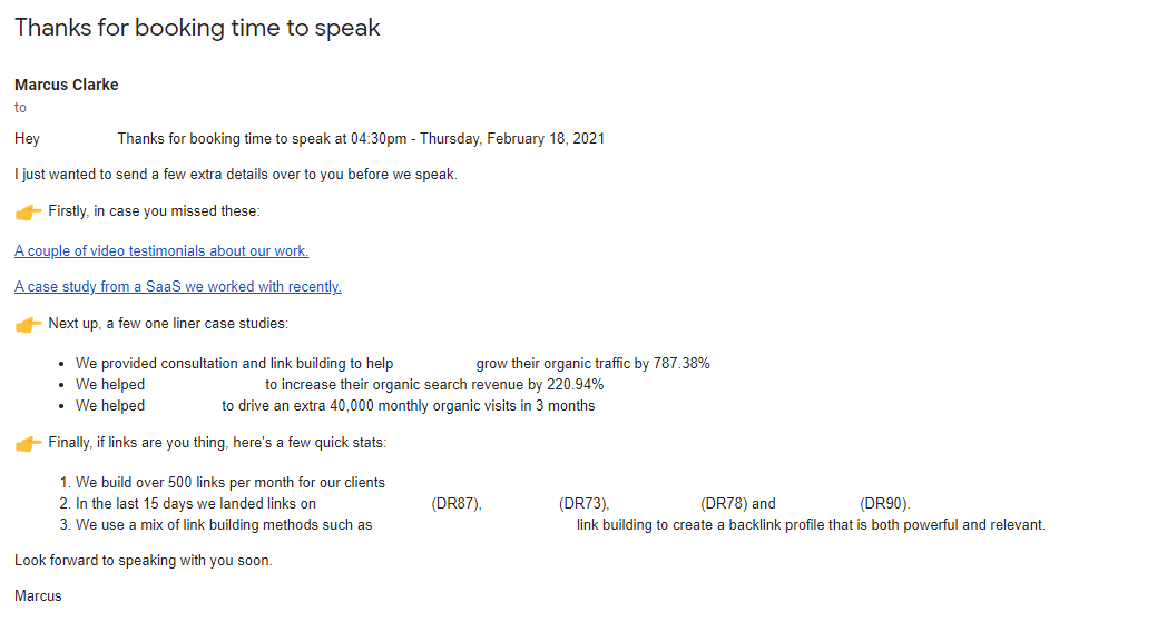 Example discovery call confirmation email with details about case studies and stats.