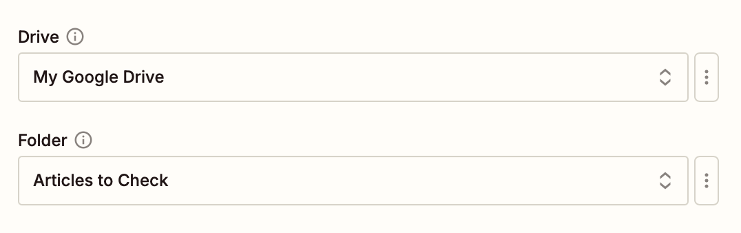 A close-up of a window with fields to select a drive and folder. "My Google Drive" and "Articles to Check" have been selected for each field respectively.