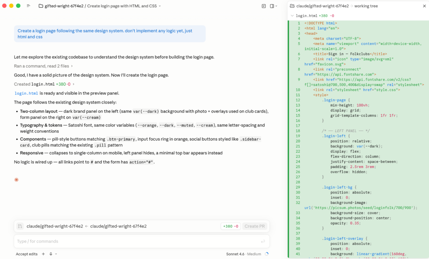 Claude Code's desktop app interface, reviewing a file that was just generated