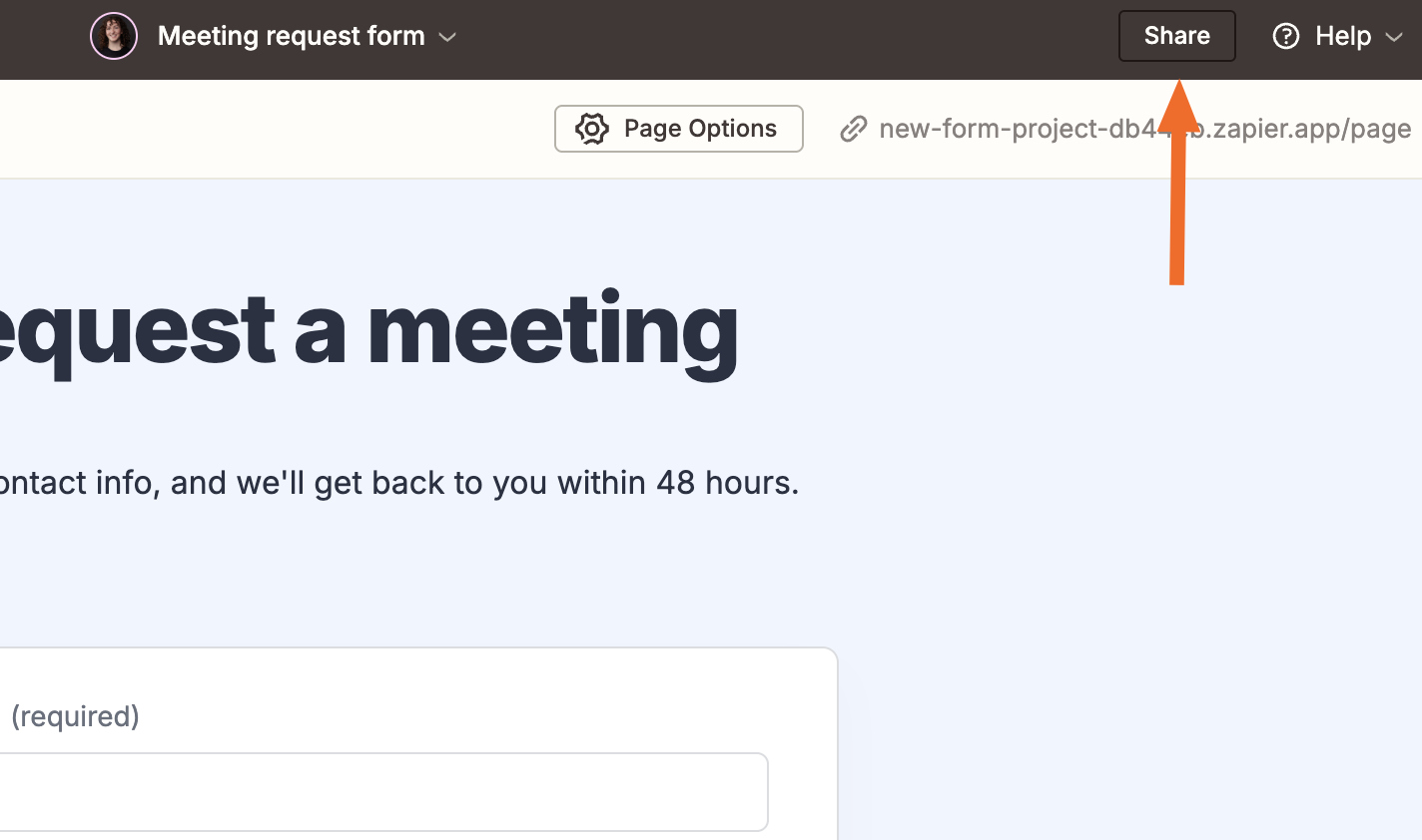 Meeting request form editor with the Share button highlighted in the top right navigation bar