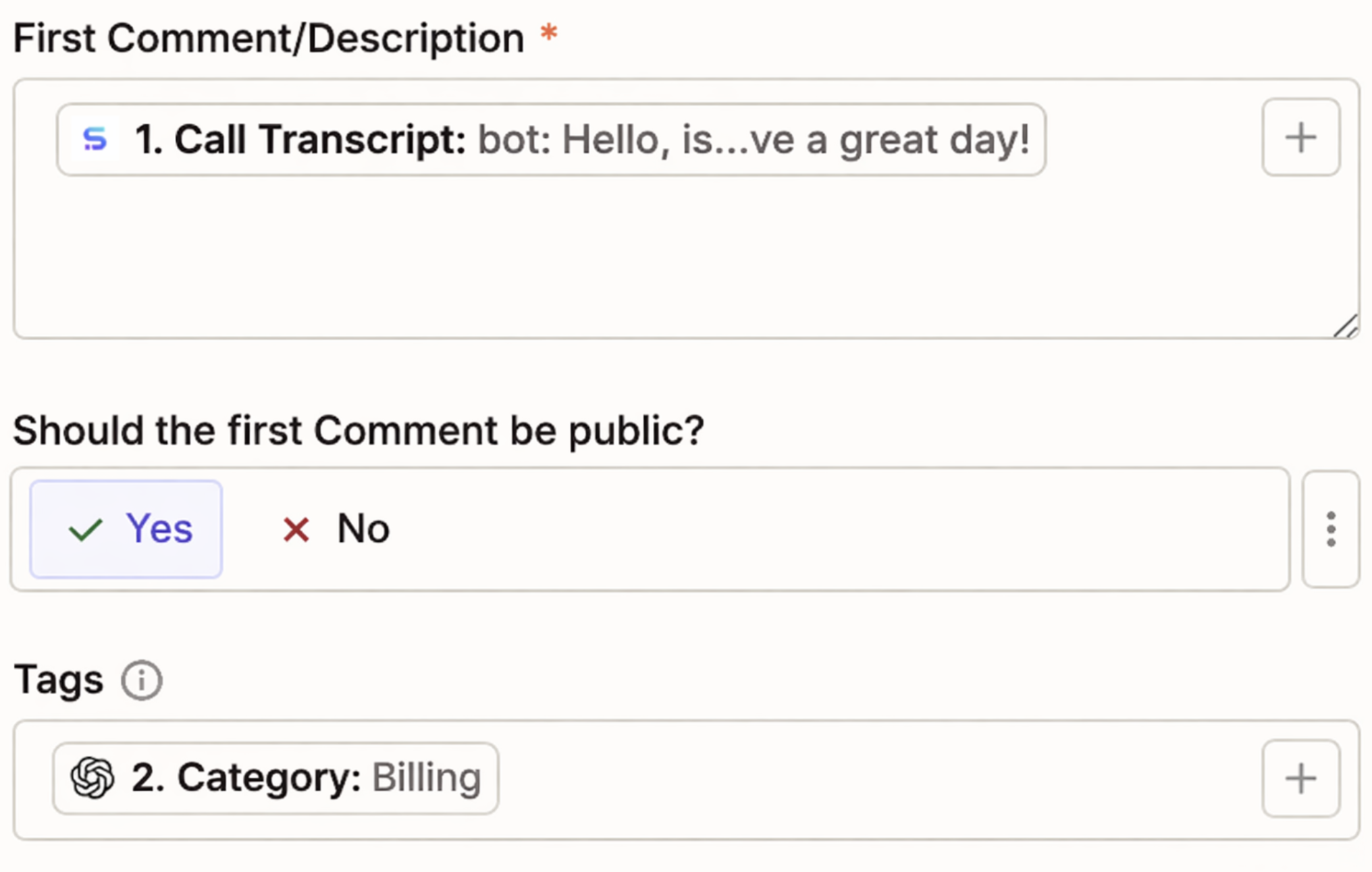 The Description and Tags fields in the Zendesk action step
