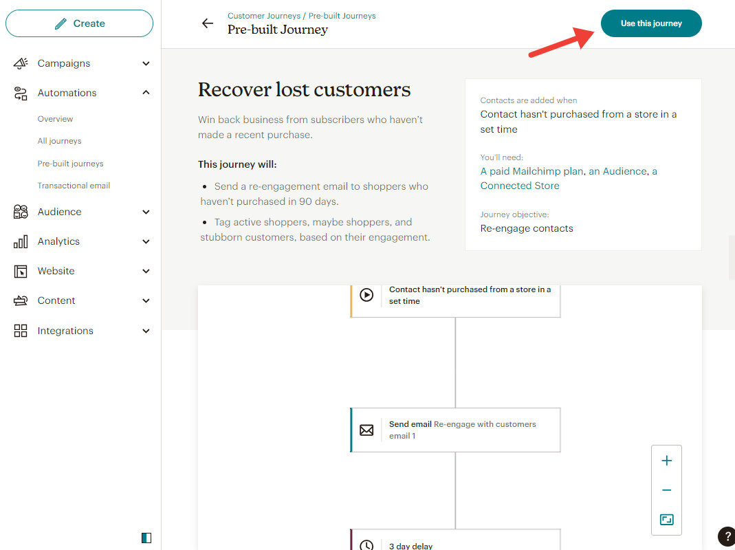The Use this journey button in Mailchimp
