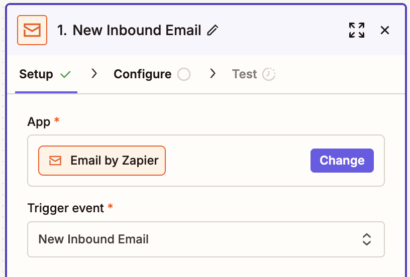 Zapier setup screen showing Email by Zapier app with New Inbound Email trigger event selected