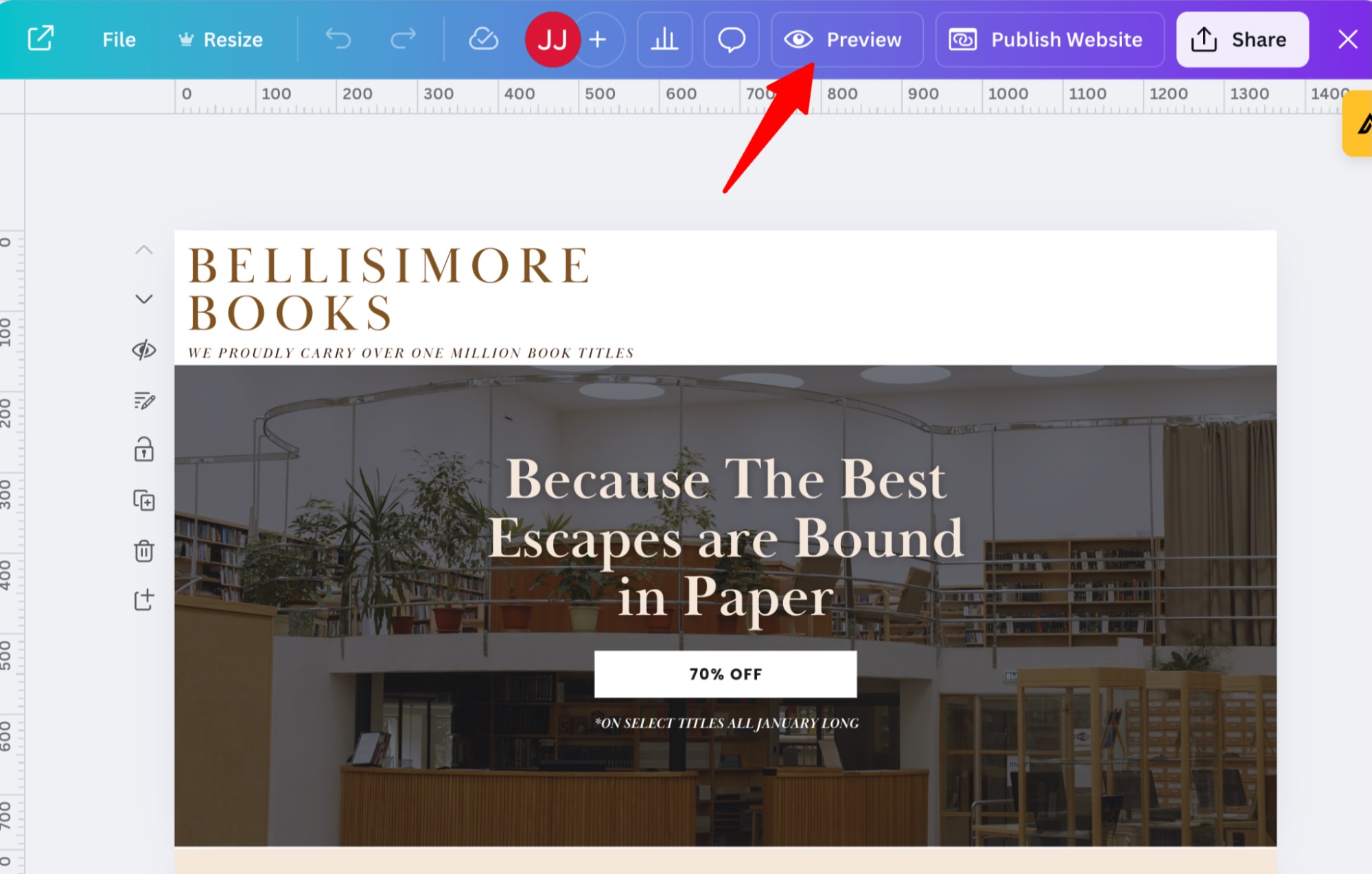 The Preview button at the top of the Canva website screen