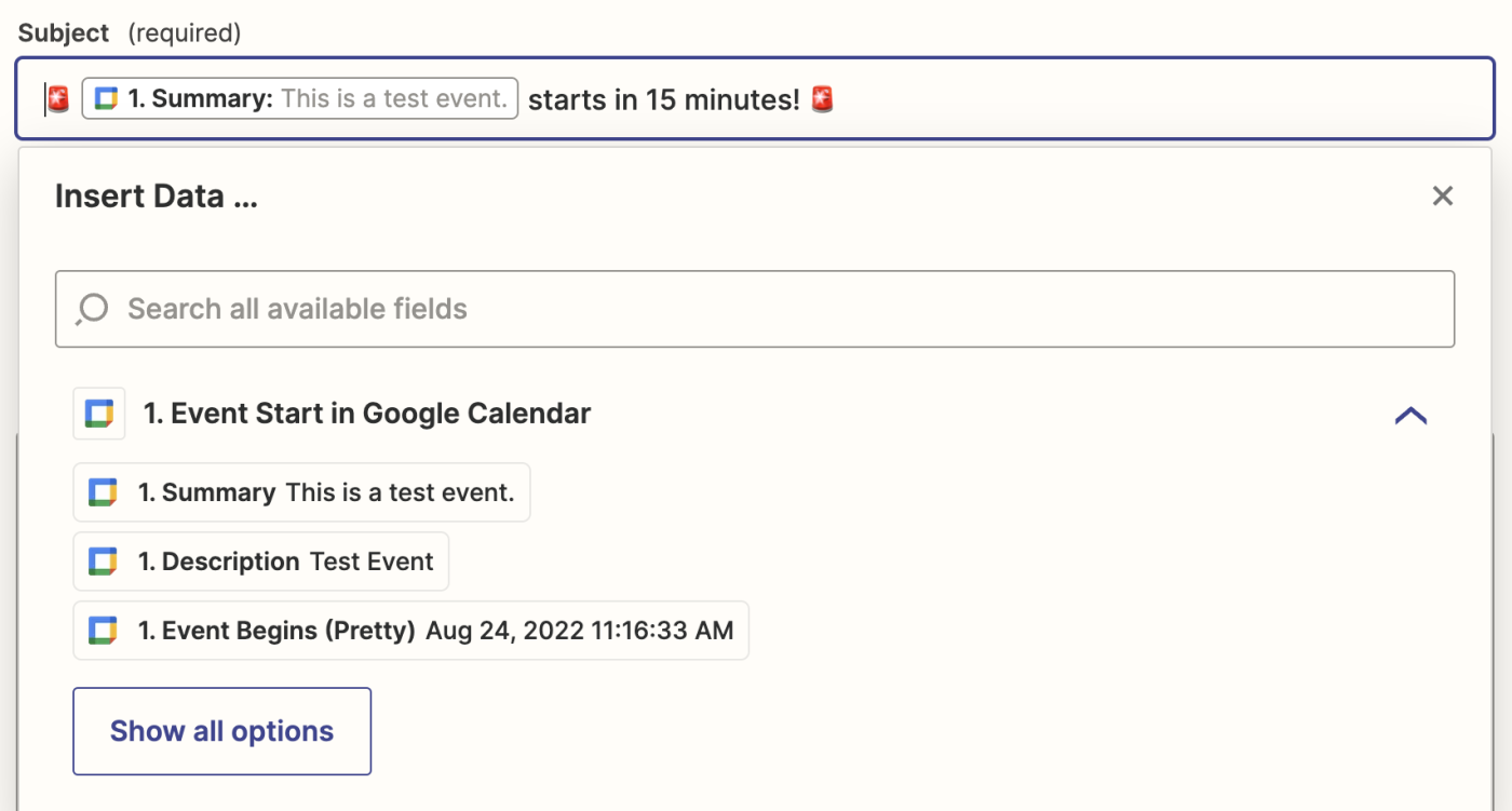 Gmail email subject and body copy fields with text and data points entered in the fields.
