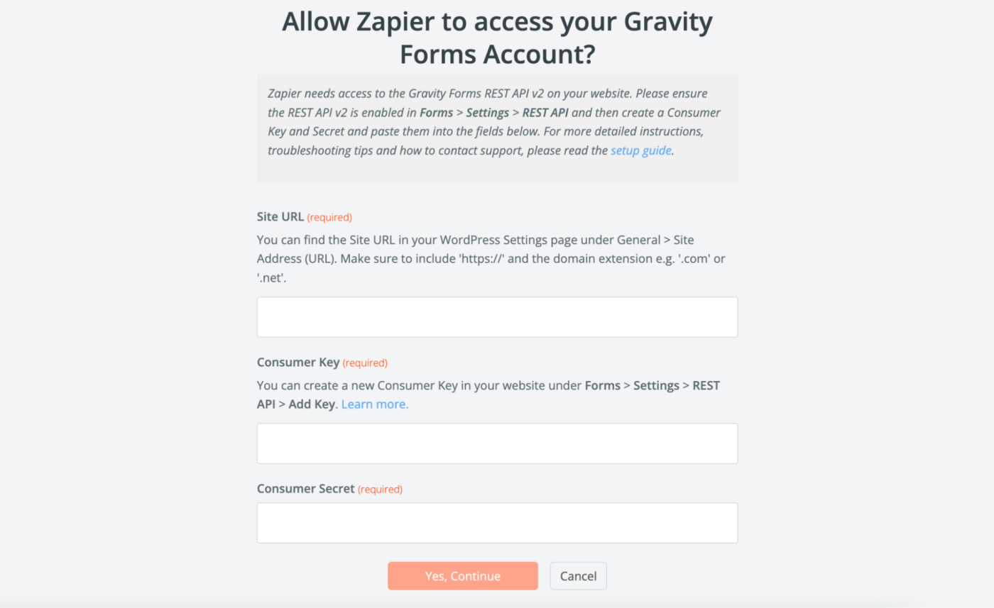 An information popup window that asks "Allow Zapier to access your Gravity Forms Account?"