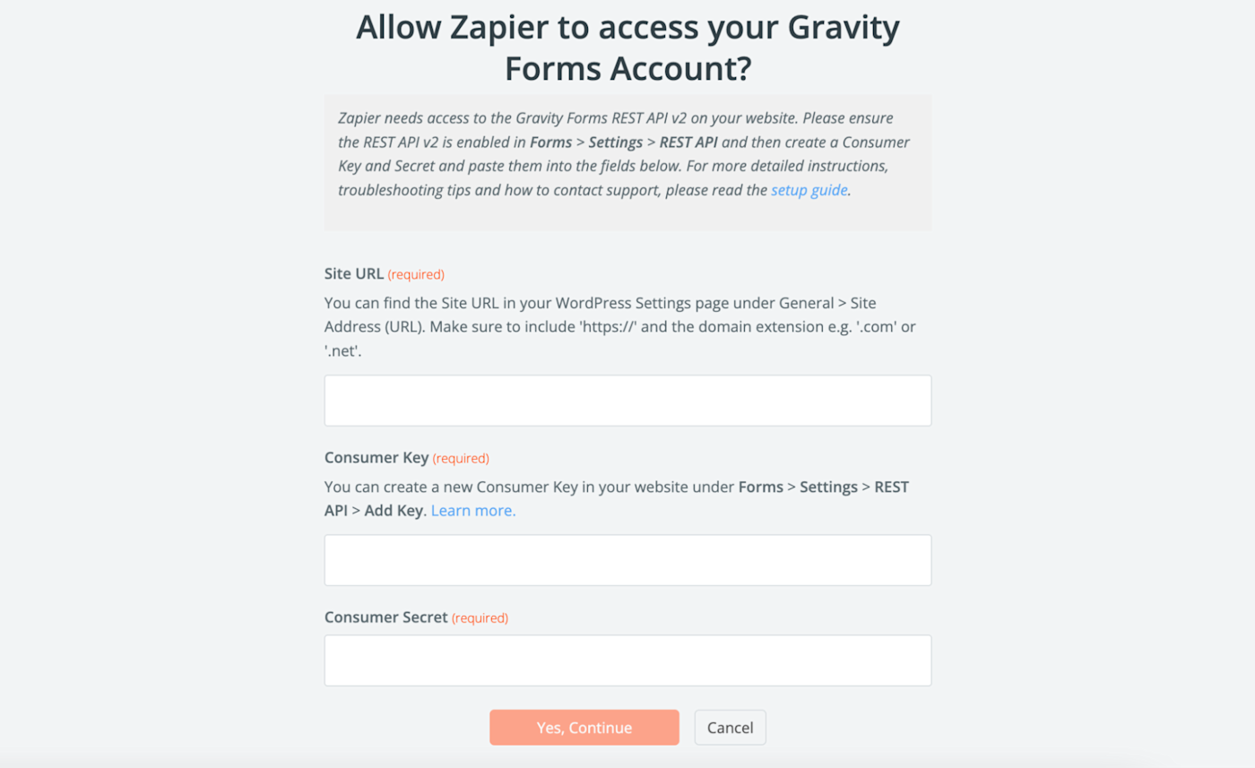 An information popup window that asks "Allow Zapier to access your Gravity Forms Account?"