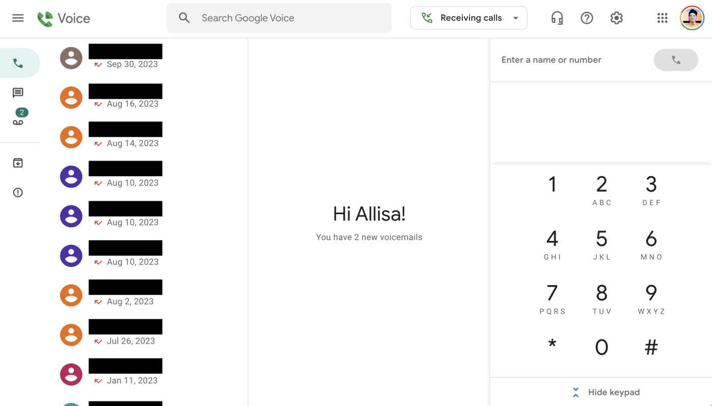 Screenshot of the Google Voice interface