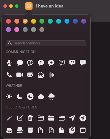 The shortcut icon menu, which includes icons and colors to select from.