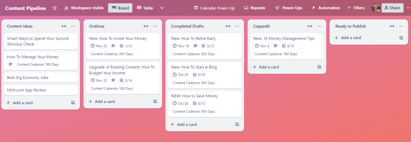 A colorful Trello board