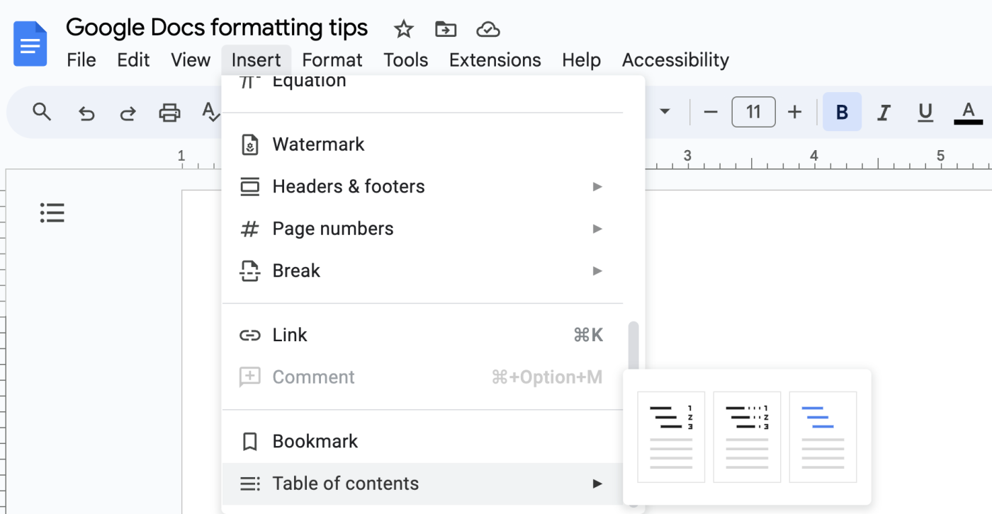 How to make a table of contents in Google Docs.