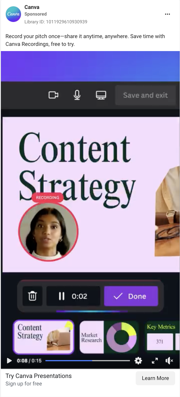 Product-focused Facebook ad example from Canva. 