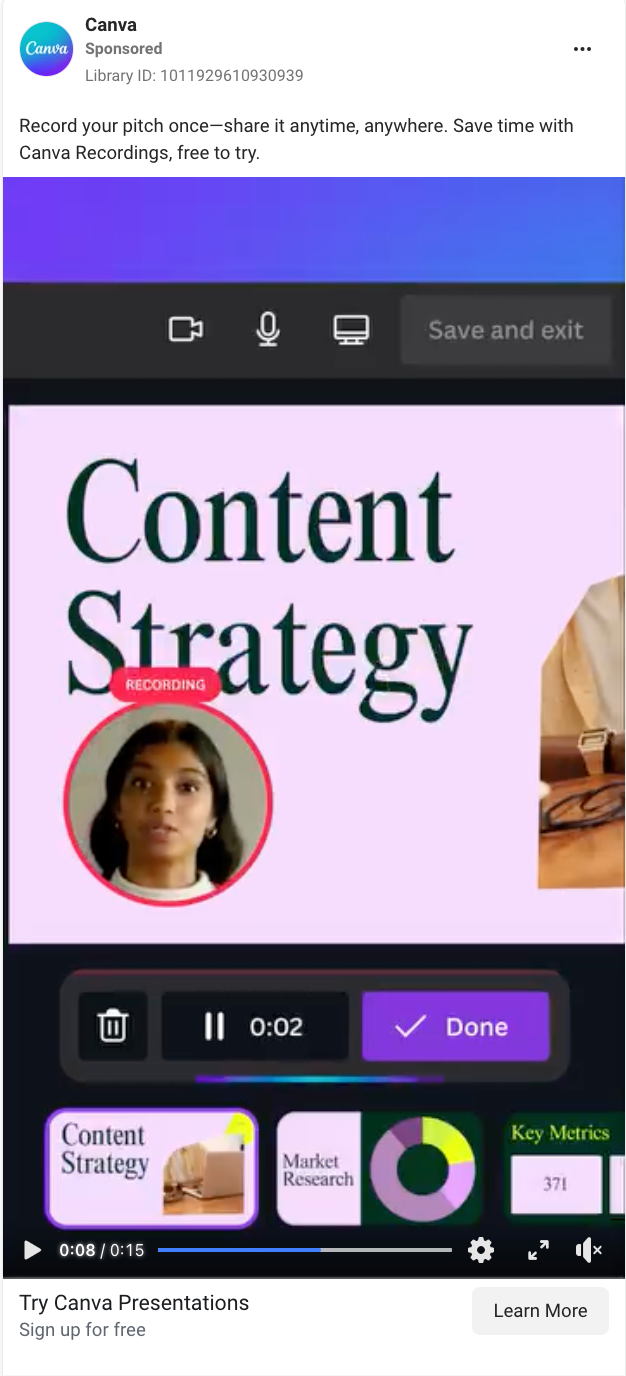 Product-focused Facebook ad example from Canva. 