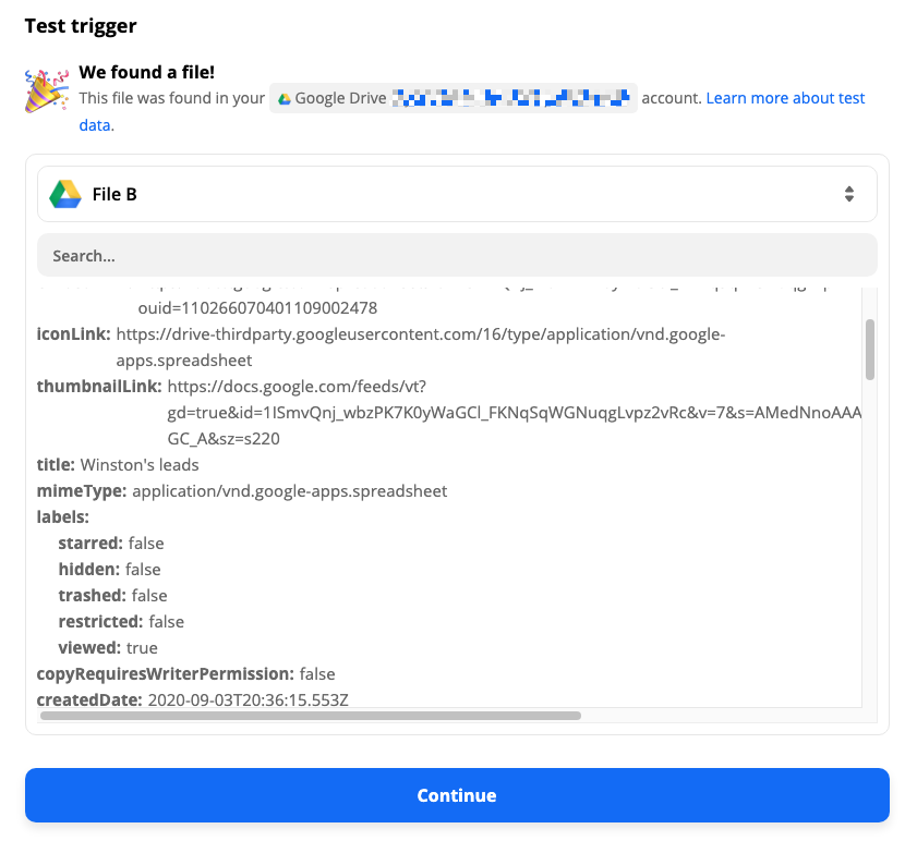 Un message de réussite dans l'éditeur Zap chaque fois que Zapier trouve des exemples d'informations sur le déclencheur.  Dans cette image, il montre des informations de Google Drive.