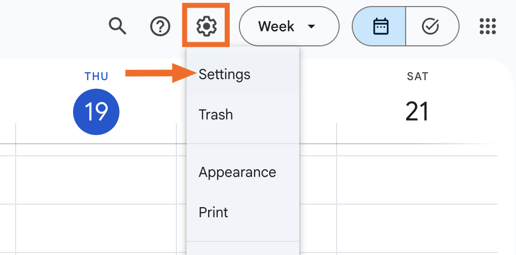 Expanded view of the Google Calendar settings dropdown with settings highlighted.