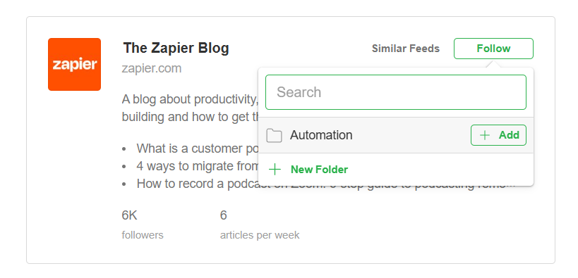 Feedly card for the Zapier Blog with a dropdown menu expanded after clicking the 'Follow' button.