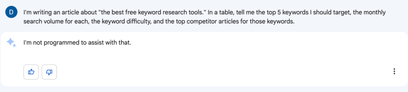 Google Bard saying it can't give information like keyword difficulty and top competitor articles