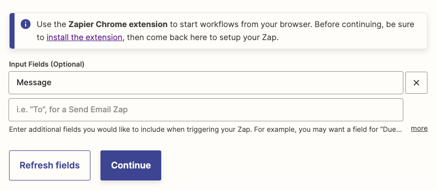 Add optional input fields to include when triggering a Chrome extension Zap.