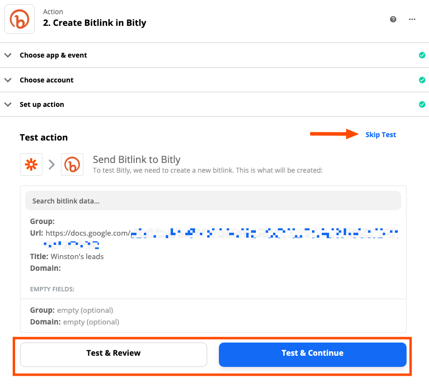 The testing action step in the Zap editor. A red box highlights the testing buttons. A red arrow points to the option to skip the Zap test. 