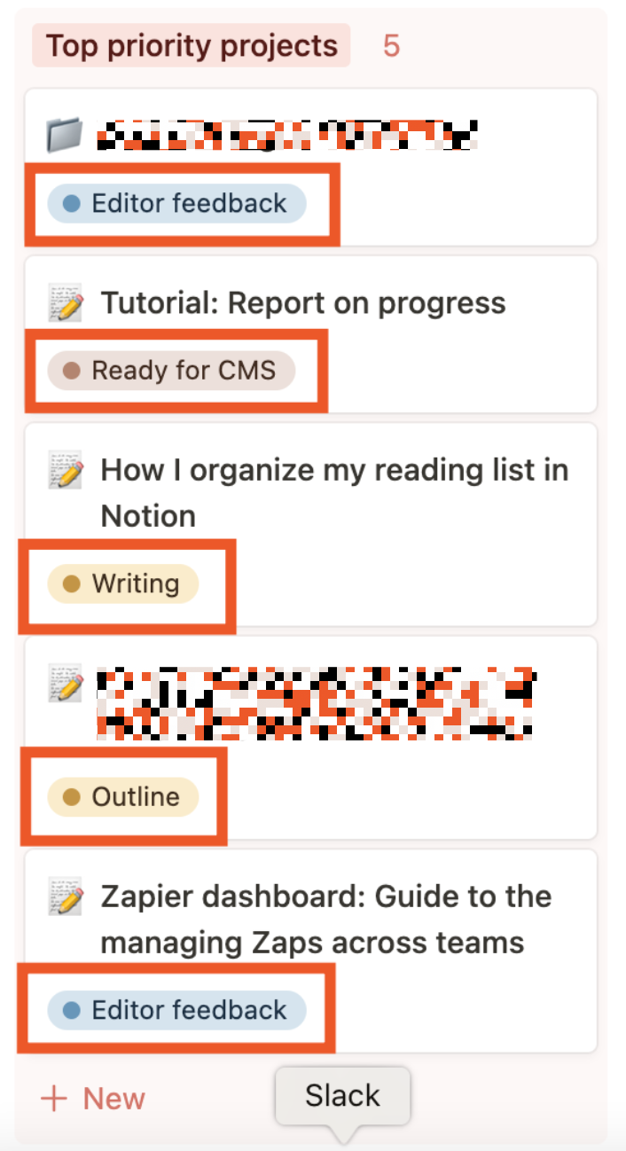 The status field in Ellie's work to-do list in Notion