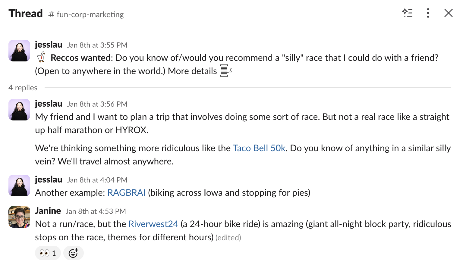 Slack thread with replies in a side pane